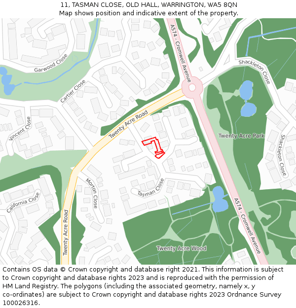 11, TASMAN CLOSE, OLD HALL, WARRINGTON, WA5 8QN: Location map and indicative extent of plot