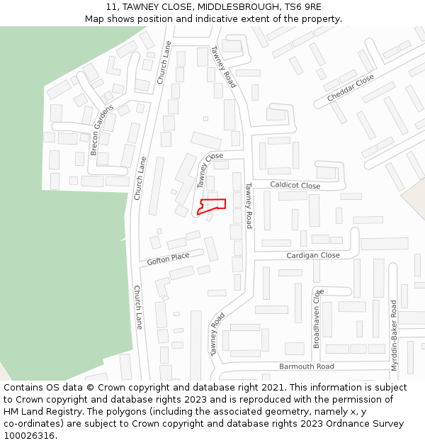 11, TAWNEY CLOSE, MIDDLESBROUGH, TS6 9RE: Location map and indicative extent of plot