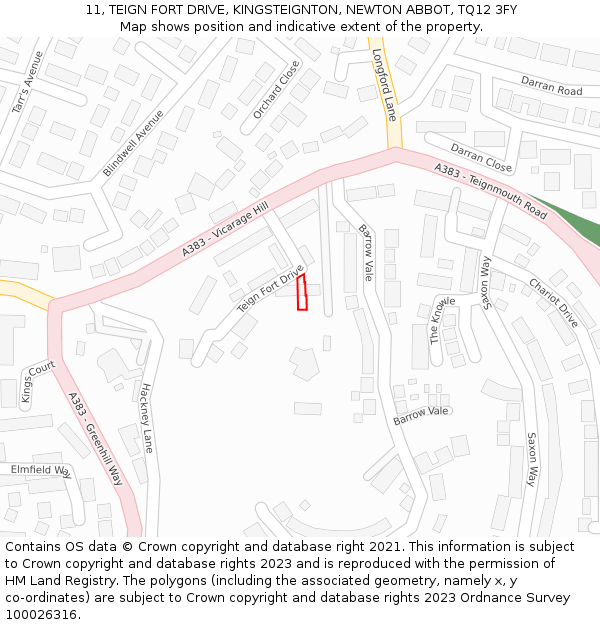 11, TEIGN FORT DRIVE, KINGSTEIGNTON, NEWTON ABBOT, TQ12 3FY: Location map and indicative extent of plot