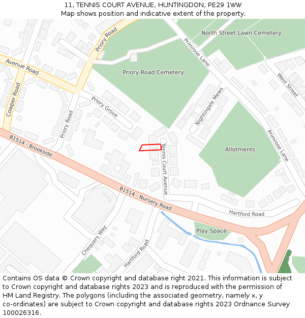 11, TENNIS COURT AVENUE, HUNTINGDON, PE29 1WW: Location map and indicative extent of plot