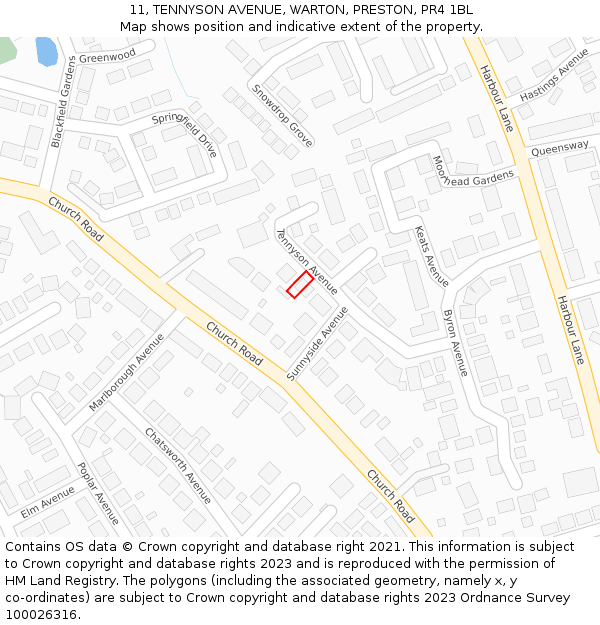 11, TENNYSON AVENUE, WARTON, PRESTON, PR4 1BL: Location map and indicative extent of plot