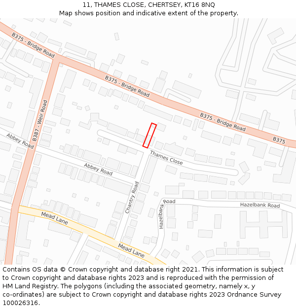11, THAMES CLOSE, CHERTSEY, KT16 8NQ: Location map and indicative extent of plot