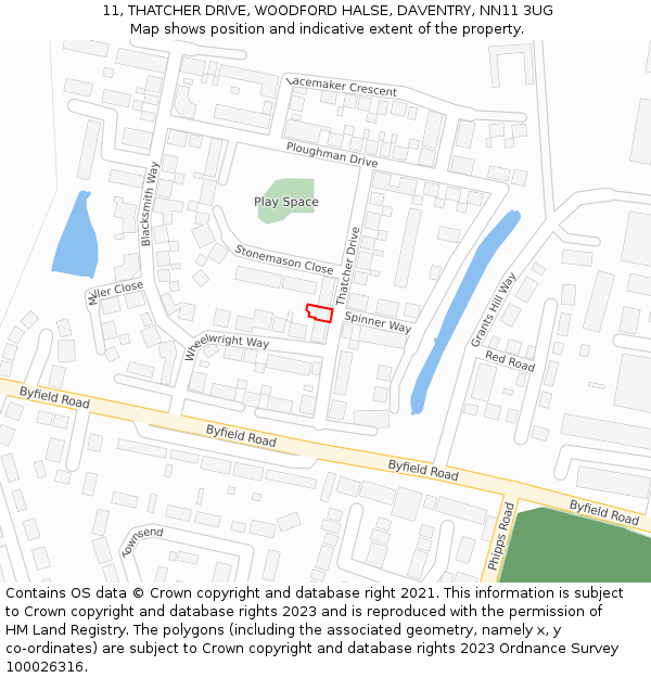 11, THATCHER DRIVE, WOODFORD HALSE, DAVENTRY, NN11 3UG: Location map and indicative extent of plot
