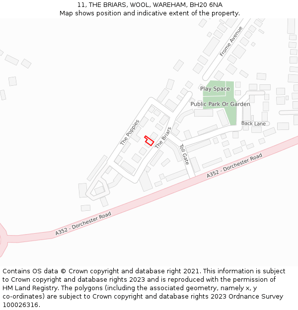 11, THE BRIARS, WOOL, WAREHAM, BH20 6NA: Location map and indicative extent of plot