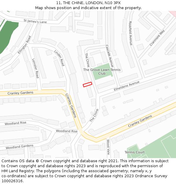11, THE CHINE, LONDON, N10 3PX: Location map and indicative extent of plot