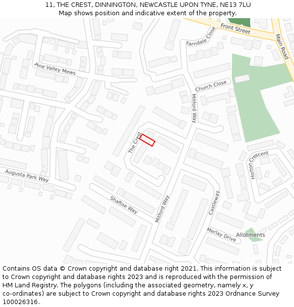 11, THE CREST, DINNINGTON, NEWCASTLE UPON TYNE, NE13 7LU: Location map and indicative extent of plot