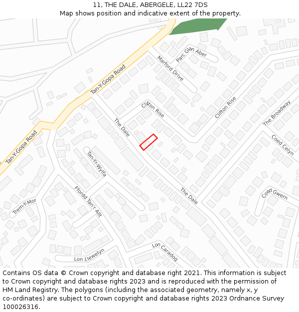 11, THE DALE, ABERGELE, LL22 7DS: Location map and indicative extent of plot