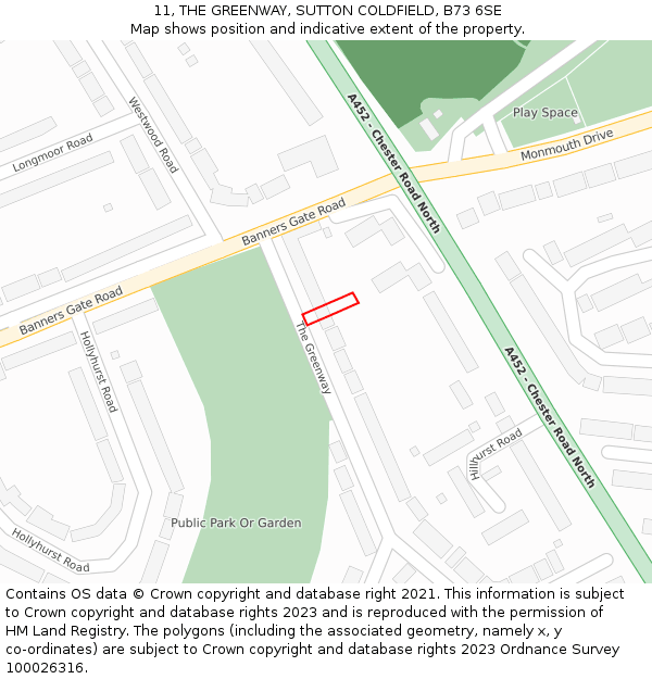 11, THE GREENWAY, SUTTON COLDFIELD, B73 6SE: Location map and indicative extent of plot
