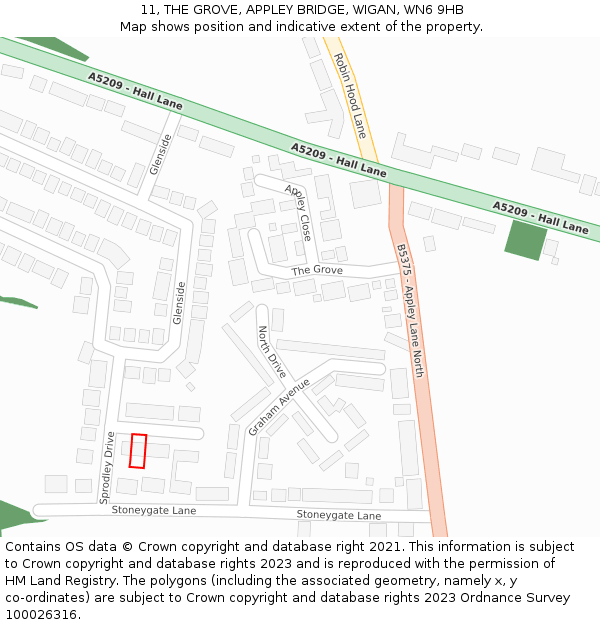 11, THE GROVE, APPLEY BRIDGE, WIGAN, WN6 9HB: Location map and indicative extent of plot