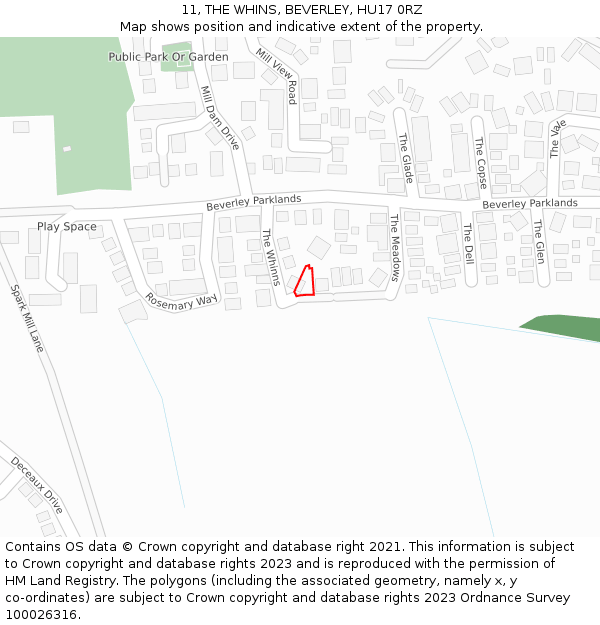11, THE WHINS, BEVERLEY, HU17 0RZ: Location map and indicative extent of plot