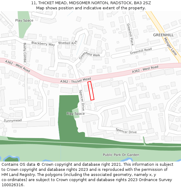 11, THICKET MEAD, MIDSOMER NORTON, RADSTOCK, BA3 2SZ: Location map and indicative extent of plot