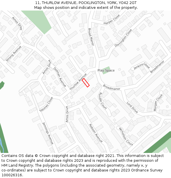 11, THURLOW AVENUE, POCKLINGTON, YORK, YO42 2GT: Location map and indicative extent of plot