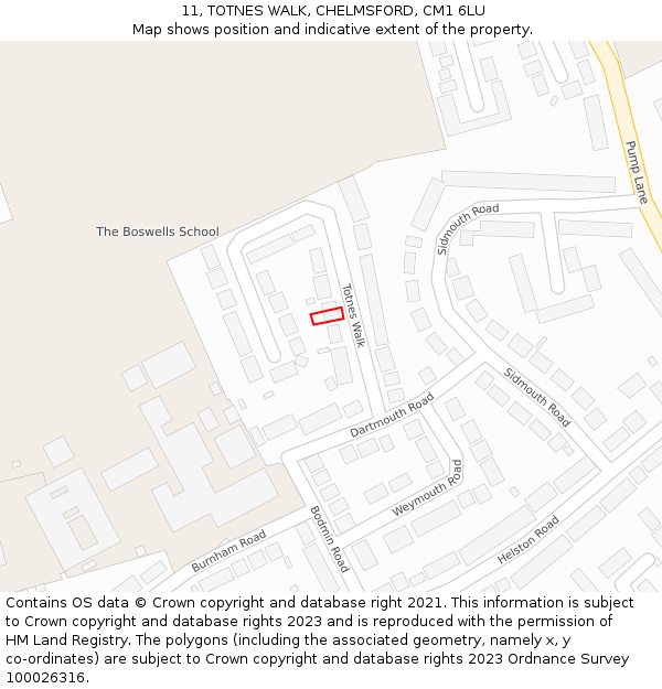 11, TOTNES WALK, CHELMSFORD, CM1 6LU: Location map and indicative extent of plot