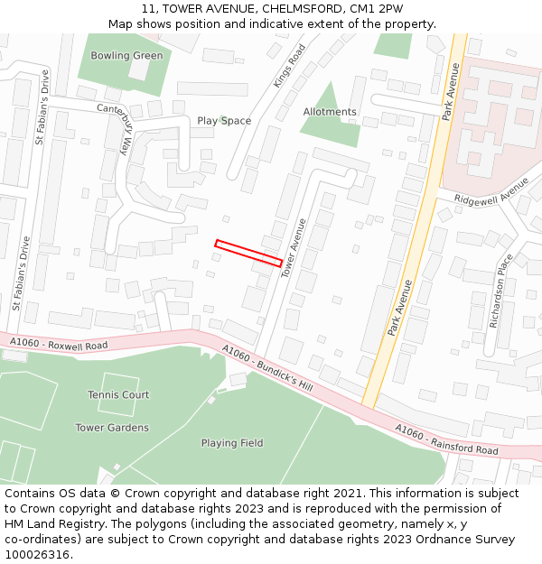 11, TOWER AVENUE, CHELMSFORD, CM1 2PW: Location map and indicative extent of plot