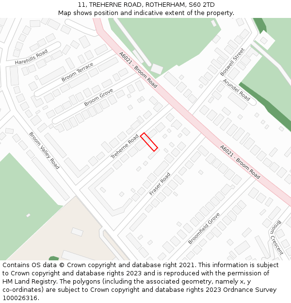 11, TREHERNE ROAD, ROTHERHAM, S60 2TD: Location map and indicative extent of plot