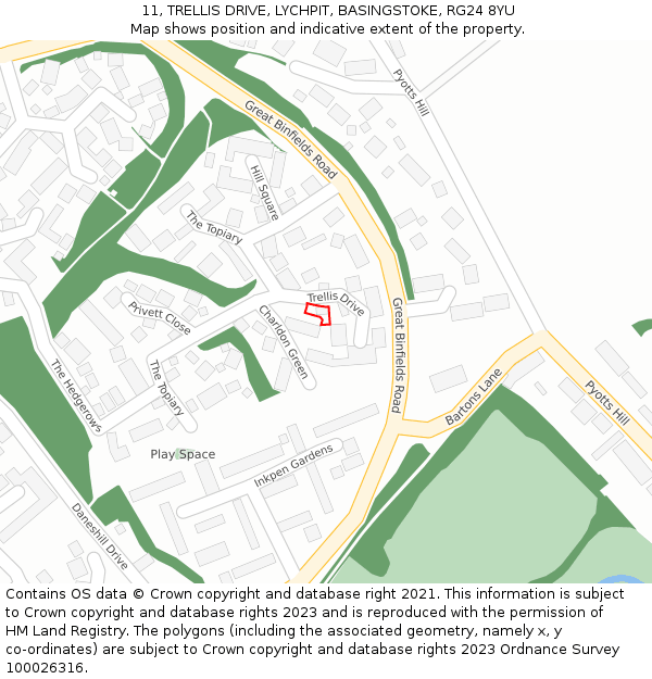 11, TRELLIS DRIVE, LYCHPIT, BASINGSTOKE, RG24 8YU: Location map and indicative extent of plot