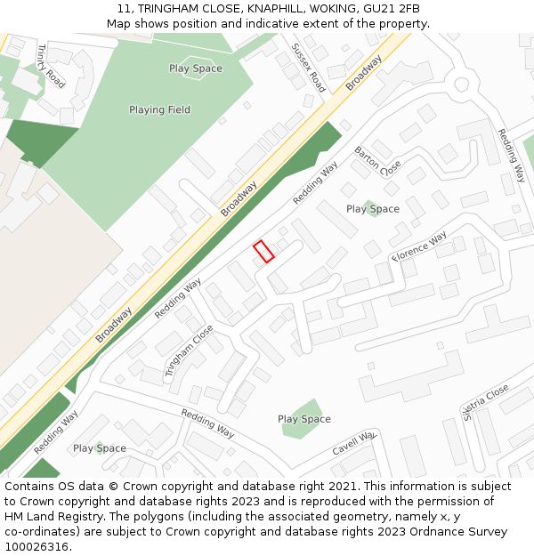 11, TRINGHAM CLOSE, KNAPHILL, WOKING, GU21 2FB: Location map and indicative extent of plot