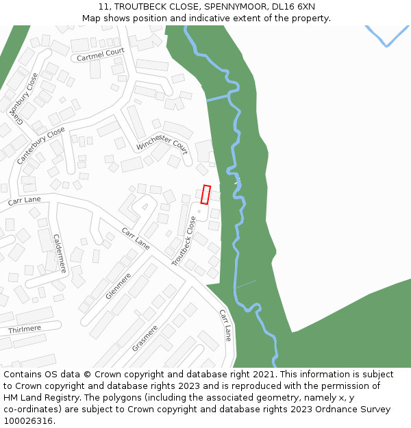 11, TROUTBECK CLOSE, SPENNYMOOR, DL16 6XN: Location map and indicative extent of plot