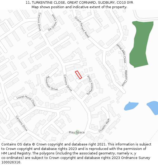 11, TURKENTINE CLOSE, GREAT CORNARD, SUDBURY, CO10 0YR: Location map and indicative extent of plot