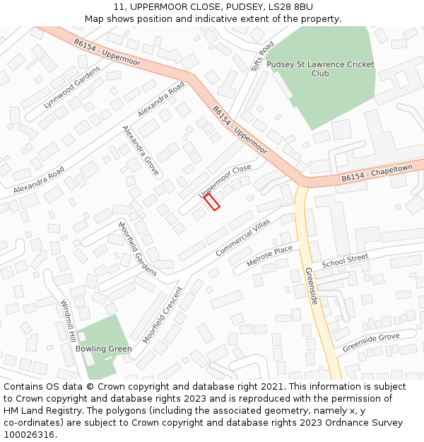 11, UPPERMOOR CLOSE, PUDSEY, LS28 8BU: Location map and indicative extent of plot