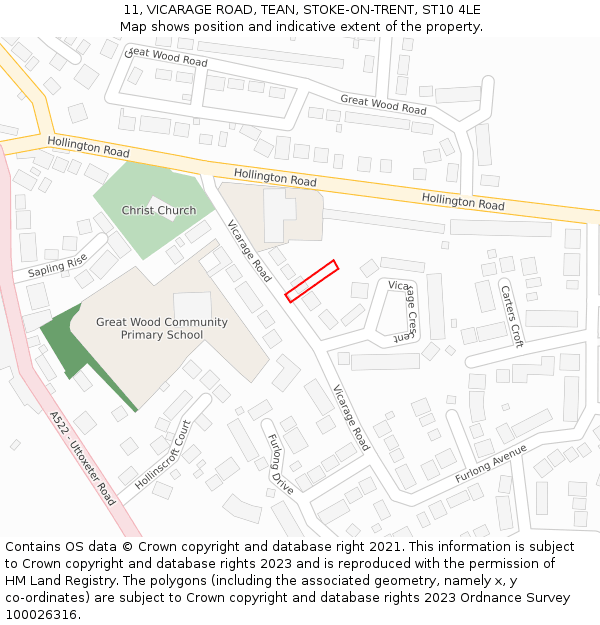 11, VICARAGE ROAD, TEAN, STOKE-ON-TRENT, ST10 4LE: Location map and indicative extent of plot