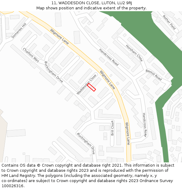 11, WADDESDON CLOSE, LUTON, LU2 9RJ: Location map and indicative extent of plot