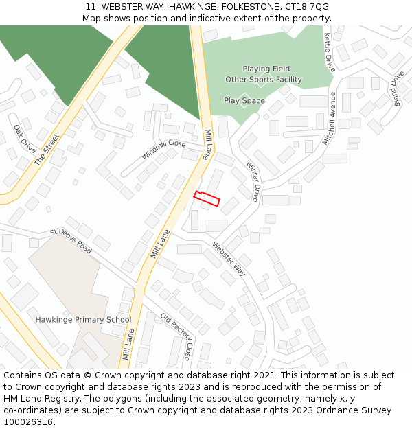 11, WEBSTER WAY, HAWKINGE, FOLKESTONE, CT18 7QG: Location map and indicative extent of plot
