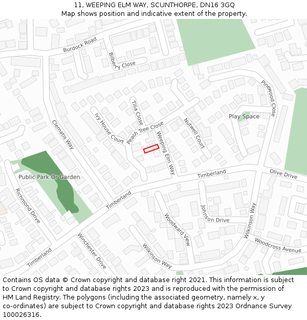 11, WEEPING ELM WAY, SCUNTHORPE, DN16 3GQ: Location map and indicative extent of plot