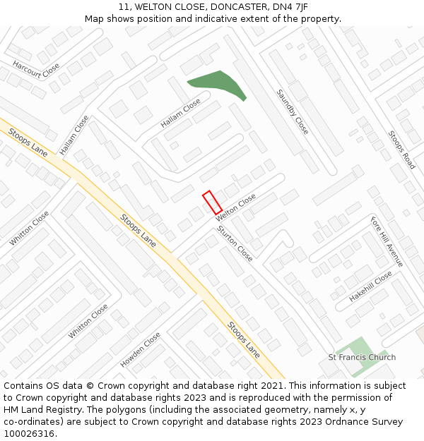 11, WELTON CLOSE, DONCASTER, DN4 7JF: Location map and indicative extent of plot