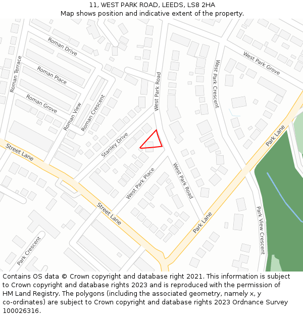 11, WEST PARK ROAD, LEEDS, LS8 2HA: Location map and indicative extent of plot