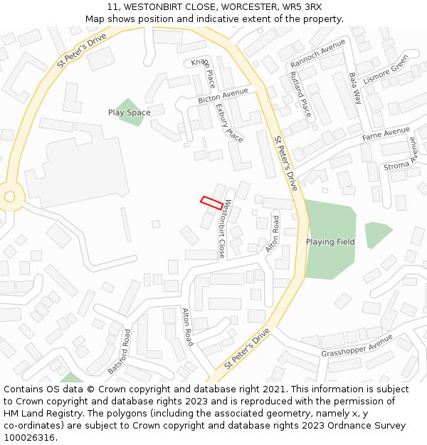 11, WESTONBIRT CLOSE, WORCESTER, WR5 3RX: Location map and indicative extent of plot