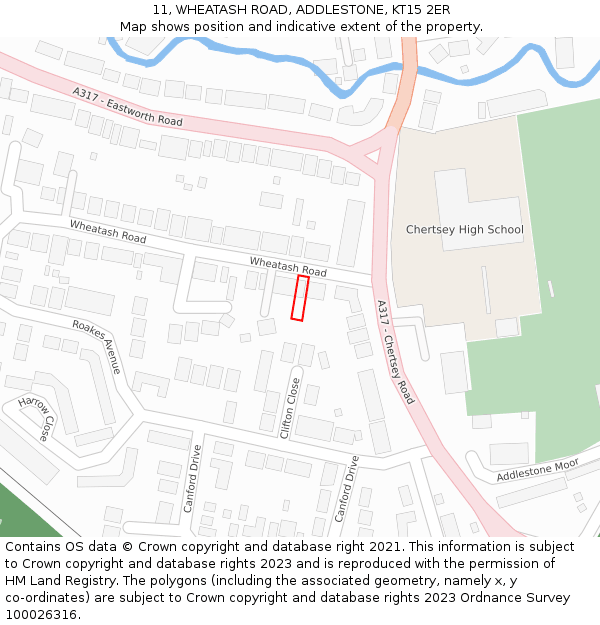 11, WHEATASH ROAD, ADDLESTONE, KT15 2ER: Location map and indicative extent of plot