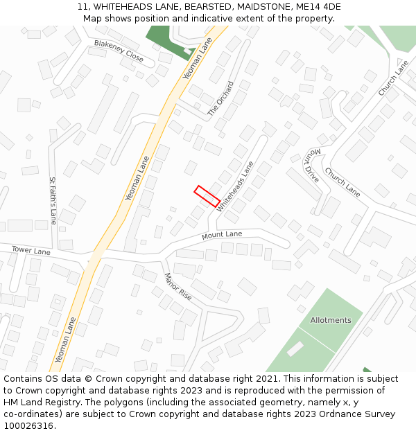 11, WHITEHEADS LANE, BEARSTED, MAIDSTONE, ME14 4DE: Location map and indicative extent of plot