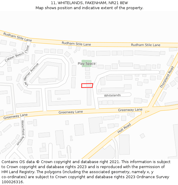 11, WHITELANDS, FAKENHAM, NR21 8EW: Location map and indicative extent of plot
