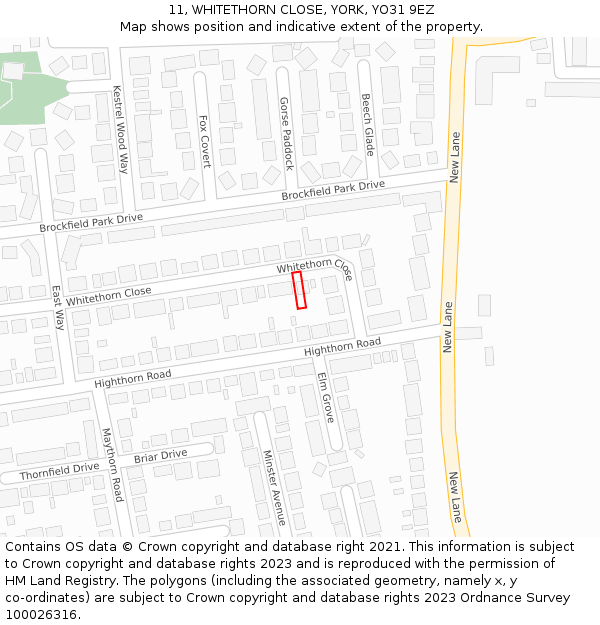 11, WHITETHORN CLOSE, YORK, YO31 9EZ: Location map and indicative extent of plot