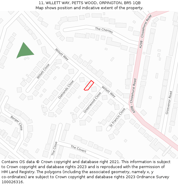 11, WILLETT WAY, PETTS WOOD, ORPINGTON, BR5 1QB: Location map and indicative extent of plot