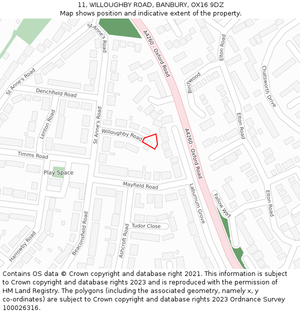 11, WILLOUGHBY ROAD, BANBURY, OX16 9DZ: Location map and indicative extent of plot