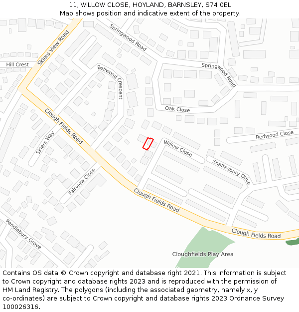 11, WILLOW CLOSE, HOYLAND, BARNSLEY, S74 0EL: Location map and indicative extent of plot
