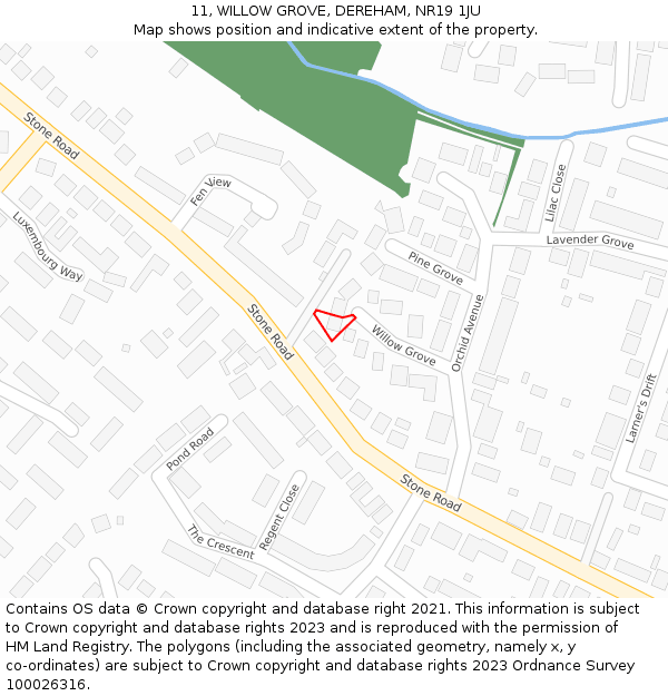 11, WILLOW GROVE, DEREHAM, NR19 1JU: Location map and indicative extent of plot