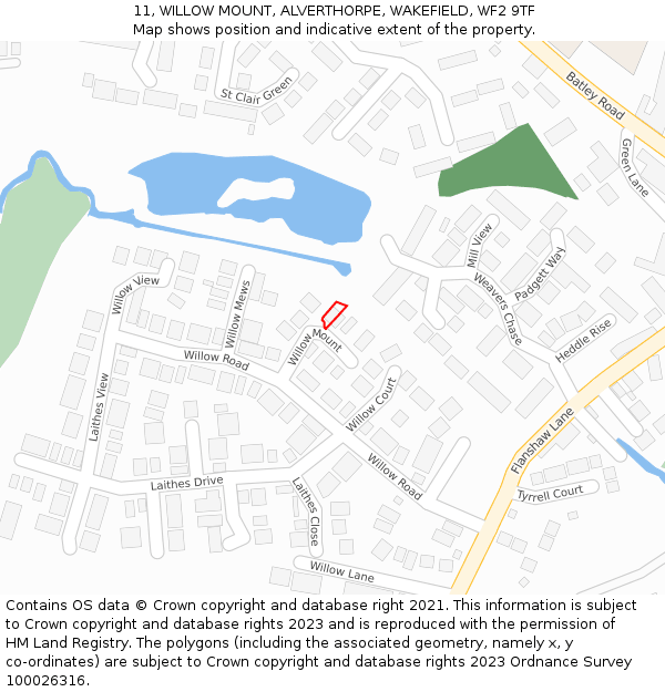 11, WILLOW MOUNT, ALVERTHORPE, WAKEFIELD, WF2 9TF: Location map and indicative extent of plot