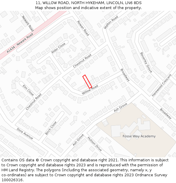 11, WILLOW ROAD, NORTH HYKEHAM, LINCOLN, LN6 8DS: Location map and indicative extent of plot