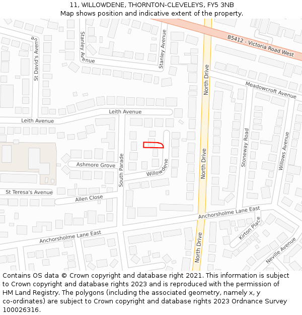 11, WILLOWDENE, THORNTON-CLEVELEYS, FY5 3NB: Location map and indicative extent of plot