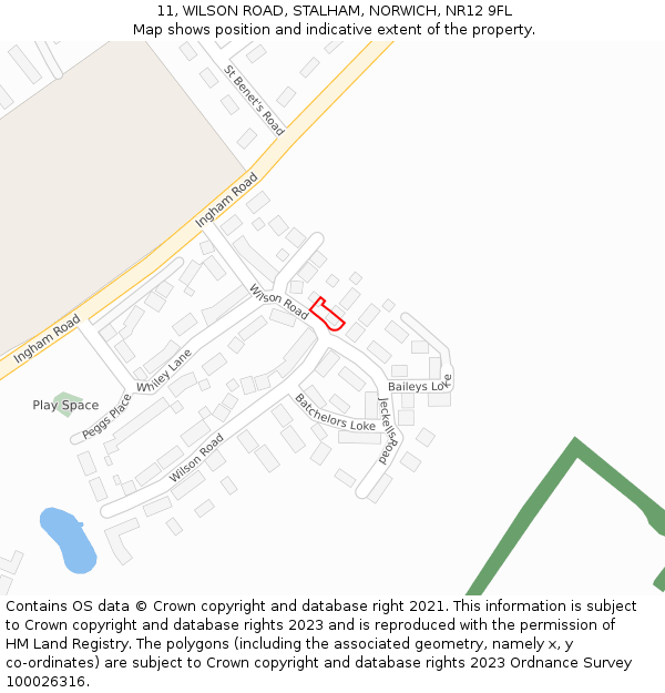 11, WILSON ROAD, STALHAM, NORWICH, NR12 9FL: Location map and indicative extent of plot