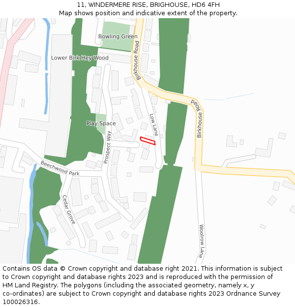 11, WINDERMERE RISE, BRIGHOUSE, HD6 4FH: Location map and indicative extent of plot
