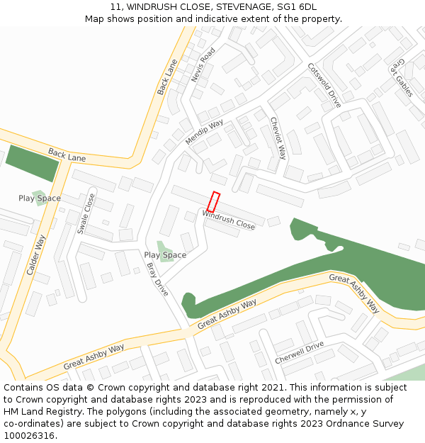 11, WINDRUSH CLOSE, STEVENAGE, SG1 6DL: Location map and indicative extent of plot