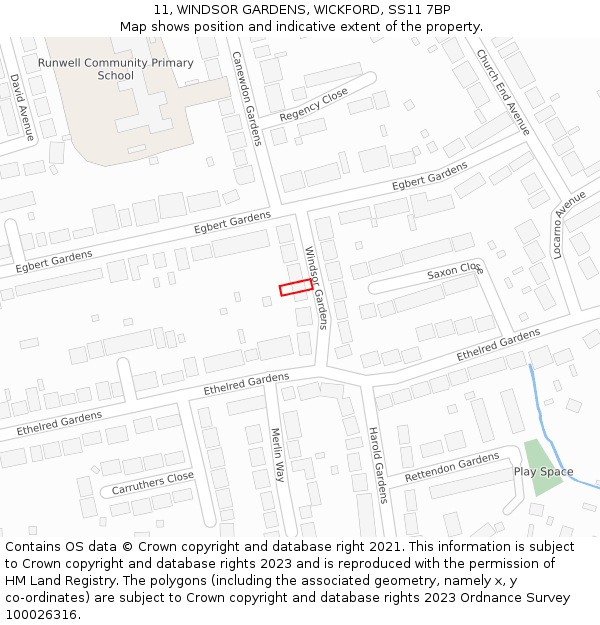 11, WINDSOR GARDENS, WICKFORD, SS11 7BP: Location map and indicative extent of plot