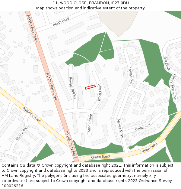 11, WOOD CLOSE, BRANDON, IP27 0DU: Location map and indicative extent of plot