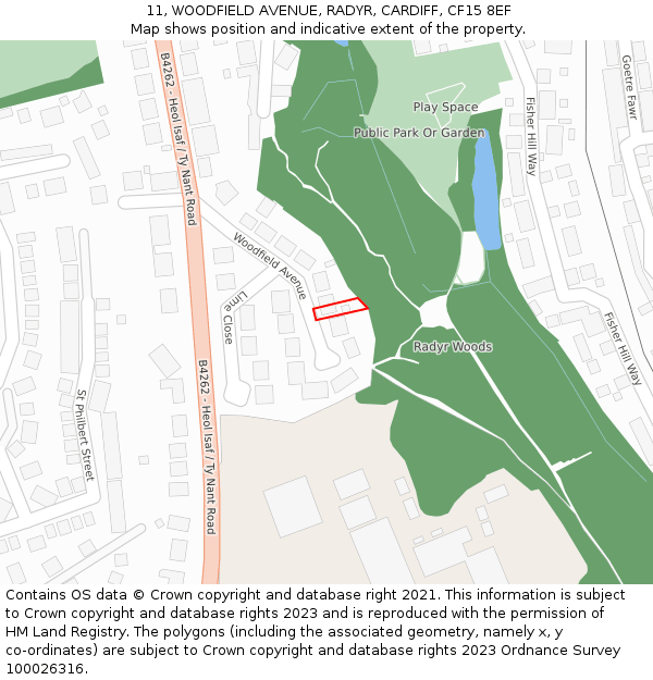 11, WOODFIELD AVENUE, RADYR, CARDIFF, CF15 8EF: Location map and indicative extent of plot