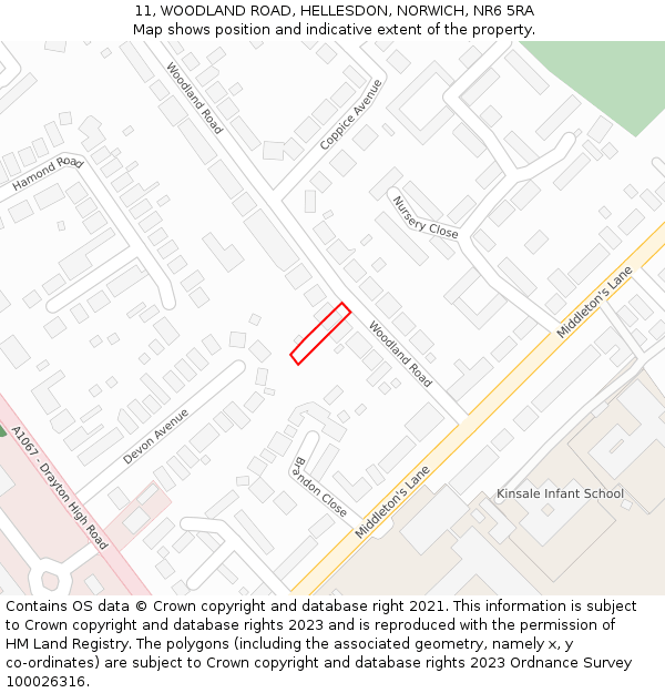 11, WOODLAND ROAD, HELLESDON, NORWICH, NR6 5RA: Location map and indicative extent of plot