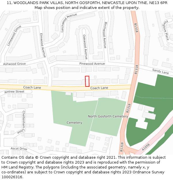 11, WOODLANDS PARK VILLAS, NORTH GOSFORTH, NEWCASTLE UPON TYNE, NE13 6PR: Location map and indicative extent of plot